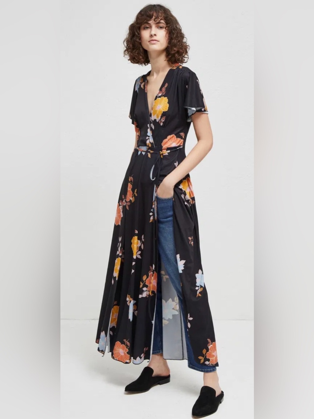 French Connection Black Floral Wrap Maxi Skirt with Yellow & Blue Blooms